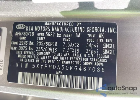 2019 Kia Sorento Ex/Ex Sport z USA, uszkodzony, nr VIN 5XYPHDA50KG467036